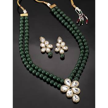 Aheli green crystal pearl long necklace with drop earrings traditional ethnic jewellery set 2