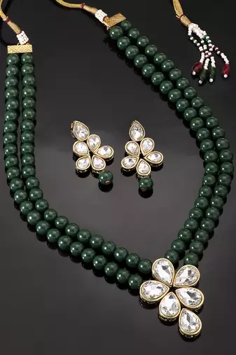 Aheli green crystal pearl long necklace with drop earrings traditional ethnic jewellery set