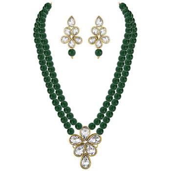 Aheli green crystal pearl long necklace with drop earrings traditional ethnic jewellery set 3