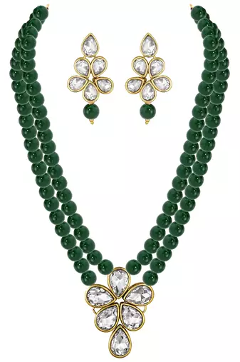 Aheli green crystal pearl long necklace with drop earrings traditional ethnic jewellery set
