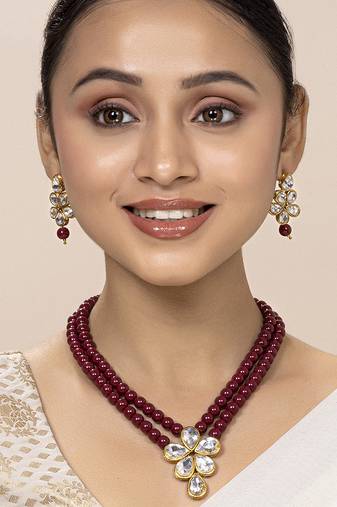 Aheli crystal pearl long necklace with drop earrings traditional ethnic jewellery set