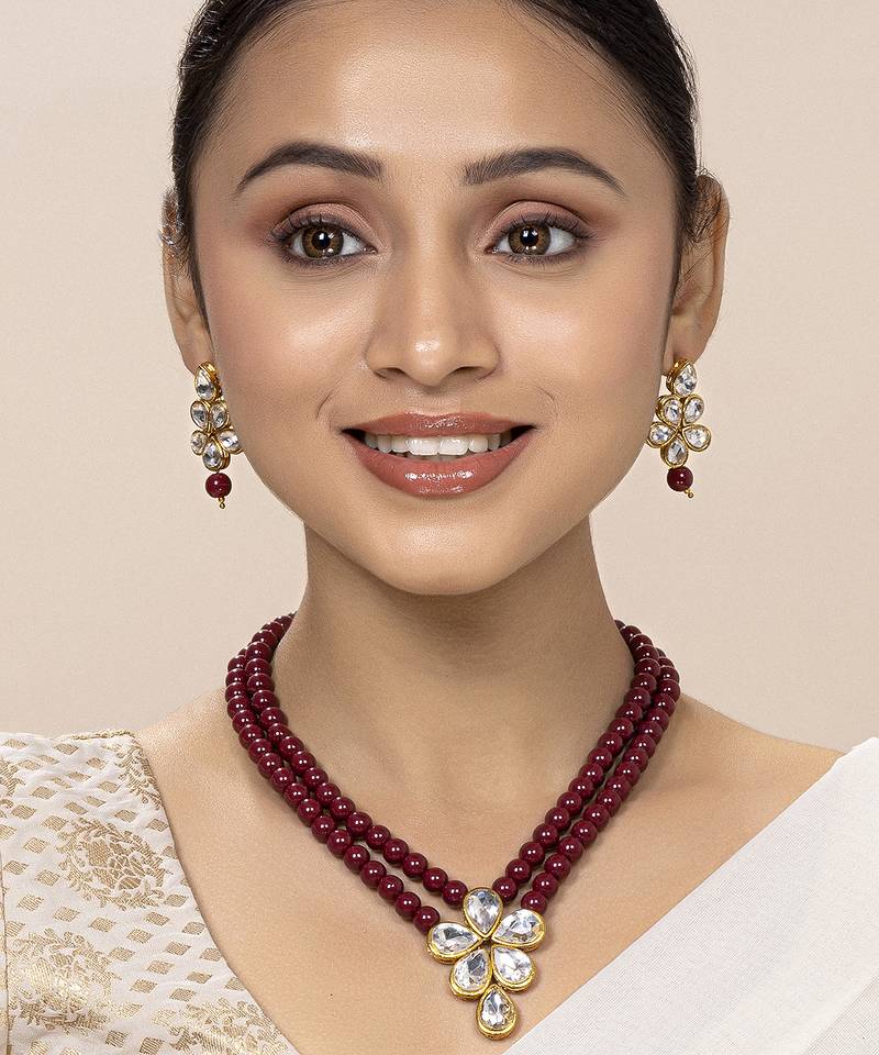 Aheli crystal pearl long necklace with drop earrings traditional ethnic jewellery set