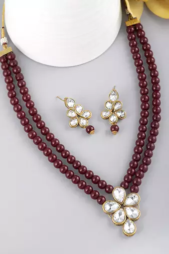 Aheli crystal pearl long necklace with drop earrings traditional ethnic jewellery set