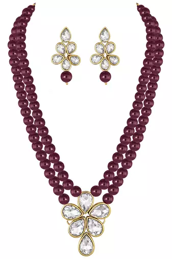Aheli crystal pearl long necklace with drop earrings traditional ethnic jewellery set