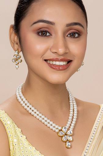Aheli white crystal pearl long necklace with drop earrings traditional ethnic jewellery set