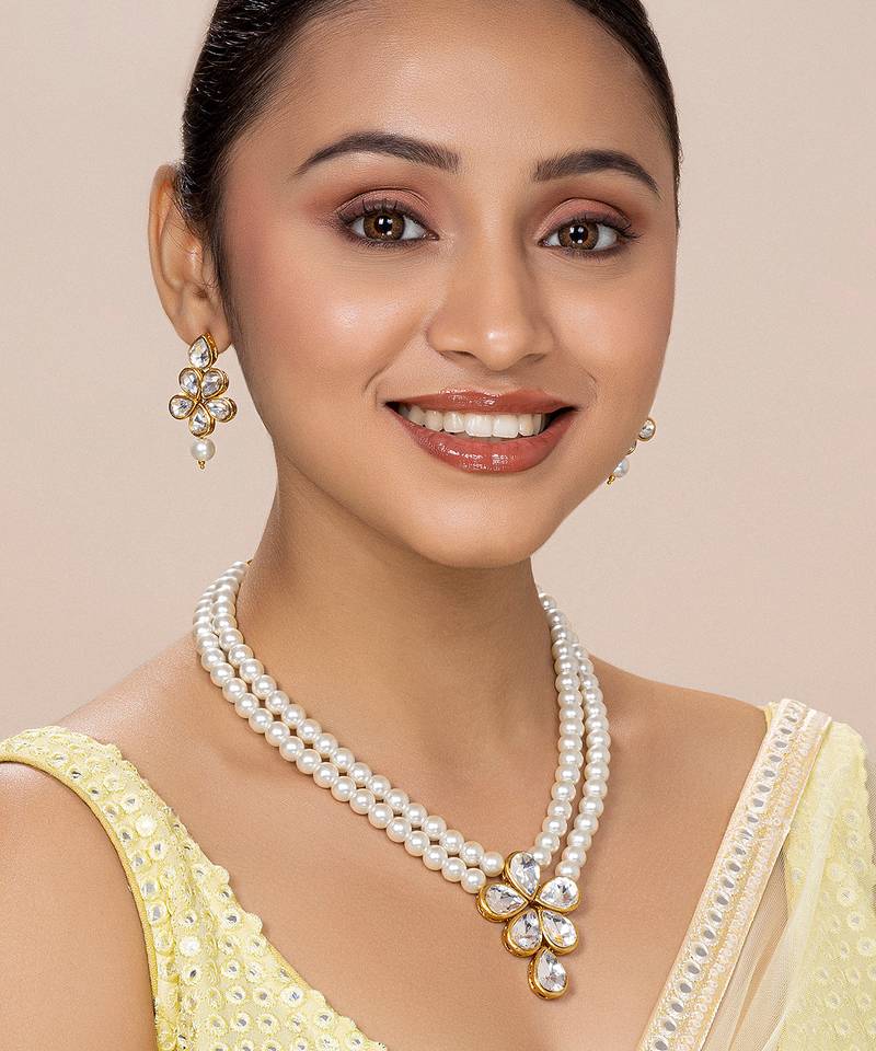 Aheli white crystal pearl long necklace with drop earrings traditional ethnic jewellery set