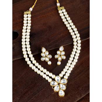 Aheli white crystal pearl long necklace with drop earrings traditional ethnic jewellery set 2