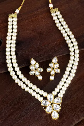 Aheli white crystal pearl long necklace with drop earrings traditional ethnic jewellery set