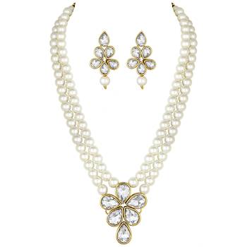 Aheli white crystal pearl long necklace with drop earrings traditional ethnic jewellery set 3