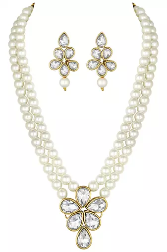 Aheli white crystal pearl long necklace with drop earrings traditional ethnic jewellery set