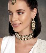 Aheli green traditional kundan pearl bridal choker necklace jewellery set with earring maang tikka