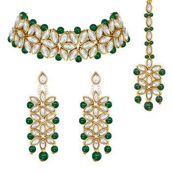 Aheli green traditional kundan pearl bridal choker necklace jewellery set with earring maang tikka 3
