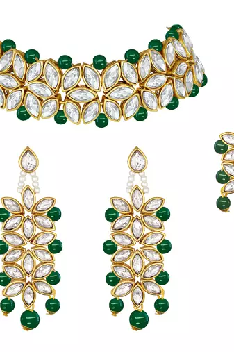 Aheli green traditional kundan pearl bridal choker necklace jewellery set with earring maang tikka