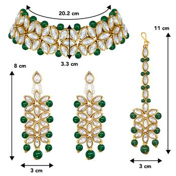 Aheli green traditional kundan pearl bridal choker necklace jewellery set with earring maang tikka 4