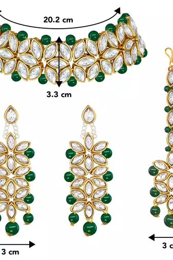 Aheli green traditional kundan pearl bridal choker necklace jewellery set with earring maang tikka
