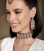 Aheli traditional maroon kundan pearl bridal choker necklace jewellery set with earring maang tikka