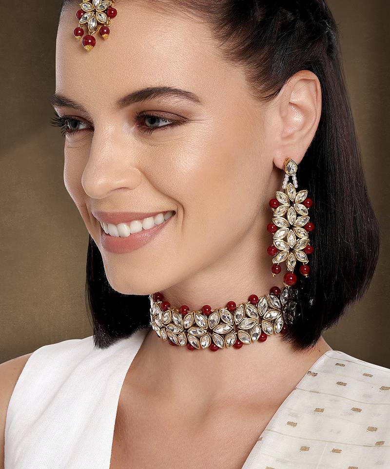 Aheli traditional maroon kundan pearl bridal choker necklace jewellery set with earring maang tikka