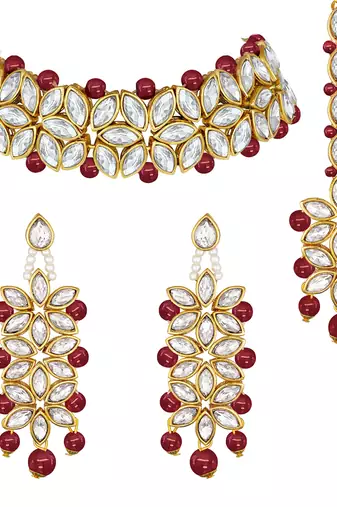 Aheli traditional maroon kundan pearl bridal choker necklace jewellery set with earring maang tikka