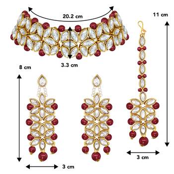 Aheli traditional maroon kundan pearl bridal choker necklace jewellery set with earring maang tikka 4