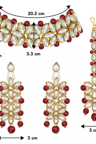 Aheli traditional maroon kundan pearl bridal choker necklace jewellery set with earring maang tikka