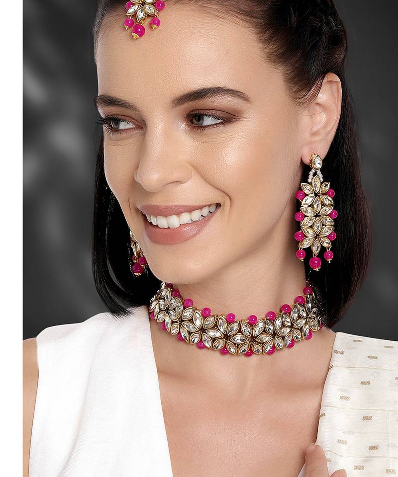 Aheli traditional kundan pearl bridal choker necklace earring maang tikka jewellery set