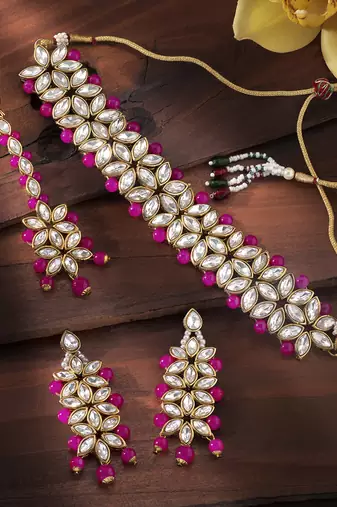 Aheli traditional kundan pearl bridal choker necklace earring maang tikka jewellery set