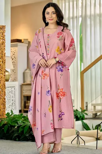 Women’s pink floral kurta pant set with soft dupatta – stylish ethnic look