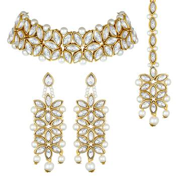 Aheli traditional kundan pearl bridal choker necklace with earring maang tikka jewellery set 3