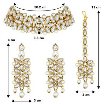 Aheli traditional kundan pearl bridal choker necklace with earring maang tikka jewellery set 4