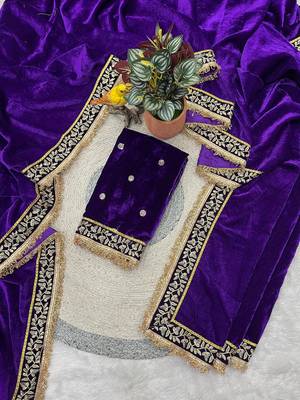 Purple bloue piece with embroidred velvet saree 3