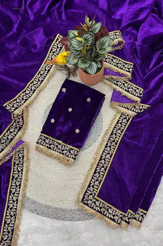 Purple bloue piece with embroidred velvet saree