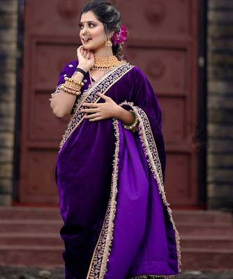 Purple bloue piece with embroidred velvet saree 4