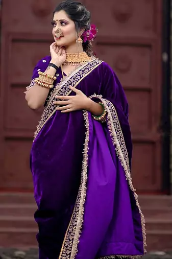 Purple bloue piece with embroidred velvet saree