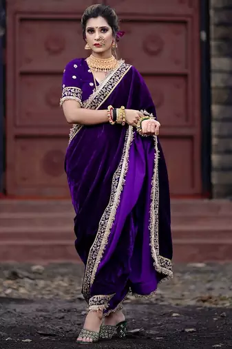 Purple bloue piece with embroidred velvet saree