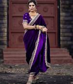 Purple bloue piece with embroidred velvet saree