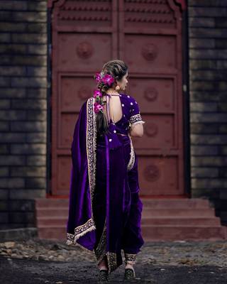 Purple bloue piece with embroidred velvet saree 5