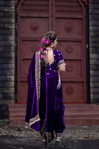 Purple bloue piece with embroidred velvet saree