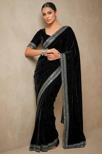 Black bloue piece with embroidred velvet saree