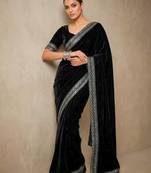 Black bloue piece with embroidred velvet saree