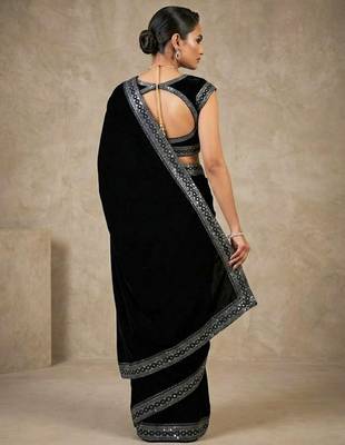 Black bloue piece with embroidred velvet saree 3