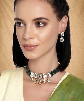 Aheli green crystal pearl traditional ethnic bridal choker necklace with earrings jewellery set 1