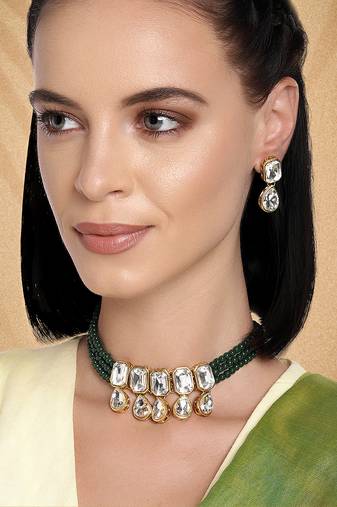 Aheli green crystal pearl traditional ethnic bridal choker necklace with earrings jewellery set