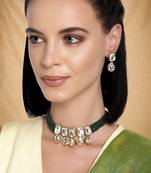 Aheli green crystal pearl traditional ethnic bridal choker necklace with earrings jewellery set