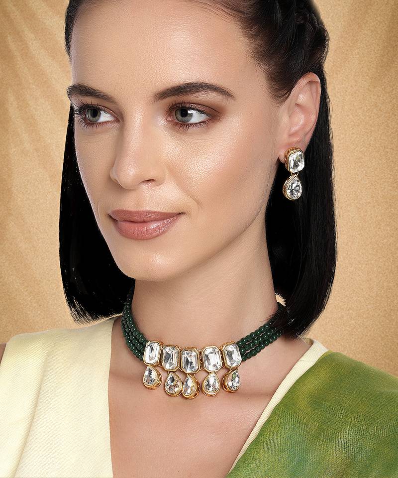 Aheli green crystal pearl traditional ethnic bridal choker necklace with earrings jewellery set
