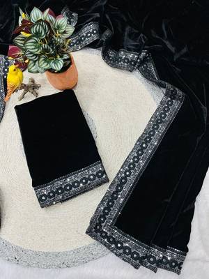 Black bloue piece with embroidred velvet saree 5