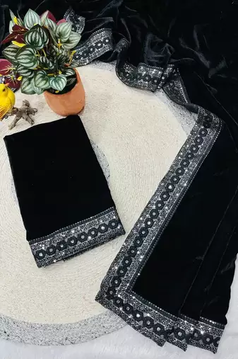 Black bloue piece with embroidred velvet saree