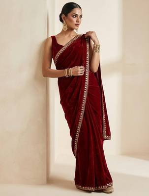 Maroon bloue piece with embroidred velvet saree 1