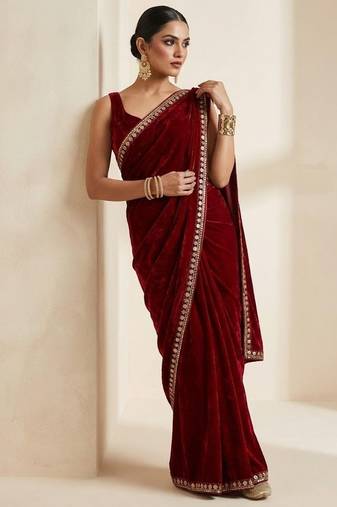 Maroon bloue piece with embroidred velvet saree