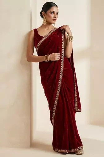 Maroon bloue piece with embroidred velvet saree
