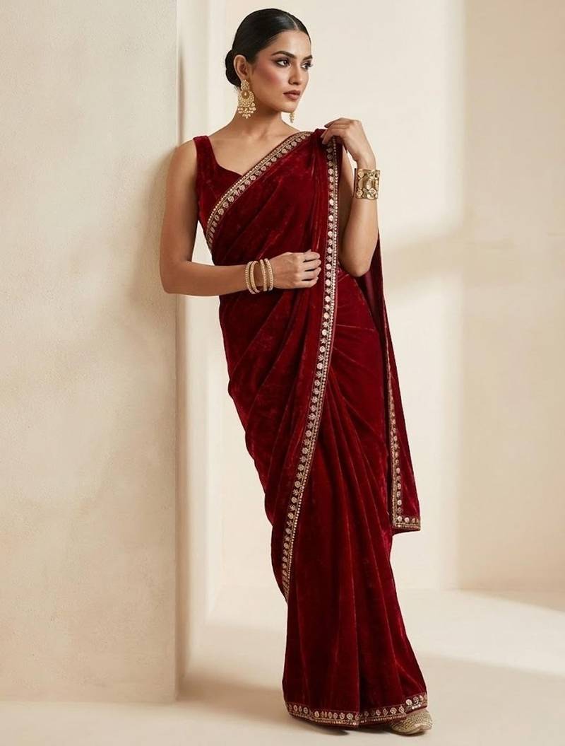 Maroon bloue piece with embroidred velvet saree